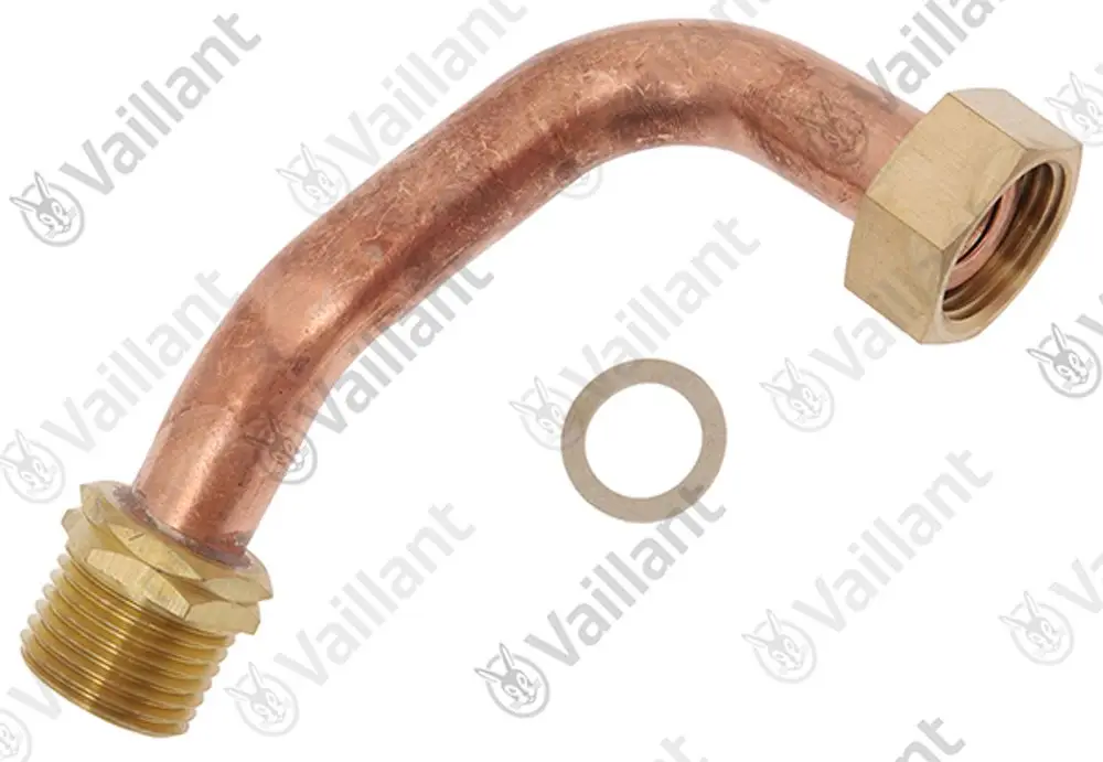 Kupfergasrohr mit gewendeltem Ende, einem Gewindeanschluss und einer Dichtung. Das Produkt ist von der Marke Vaillant.